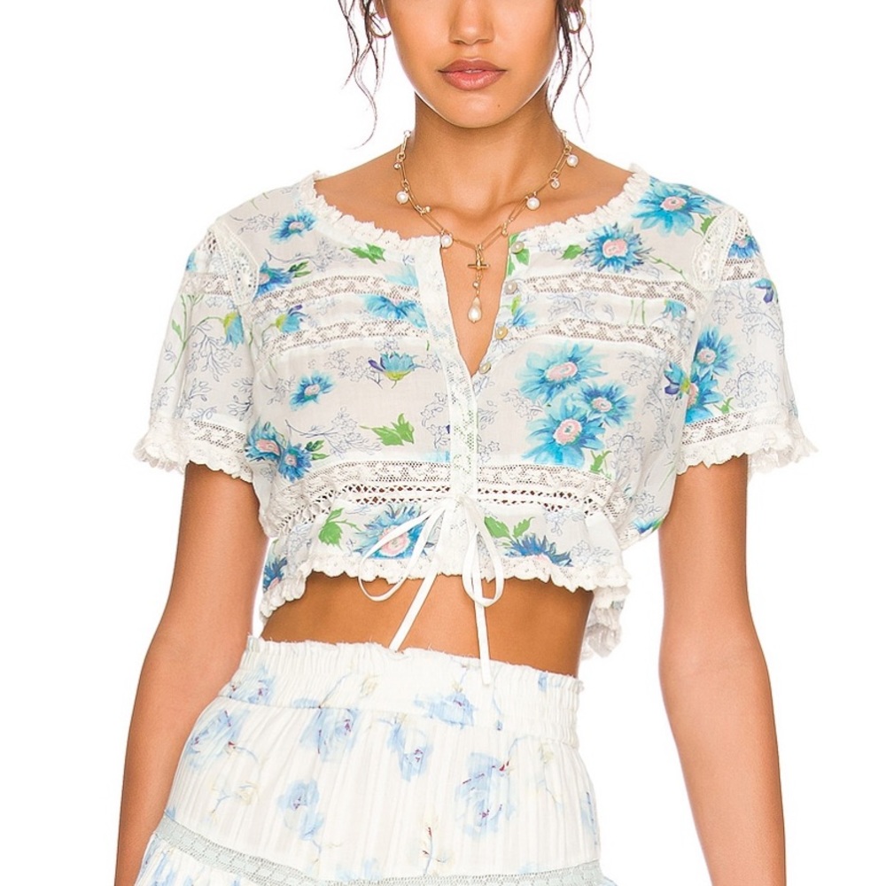 LoveShackFancy White Floral Lace-Trim Crop Top with Blue & Green Flowers